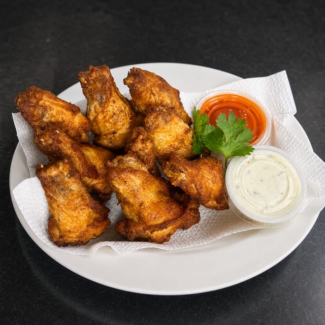 BUFFALO WINGS WITH RANCH/HOT DRUMS.