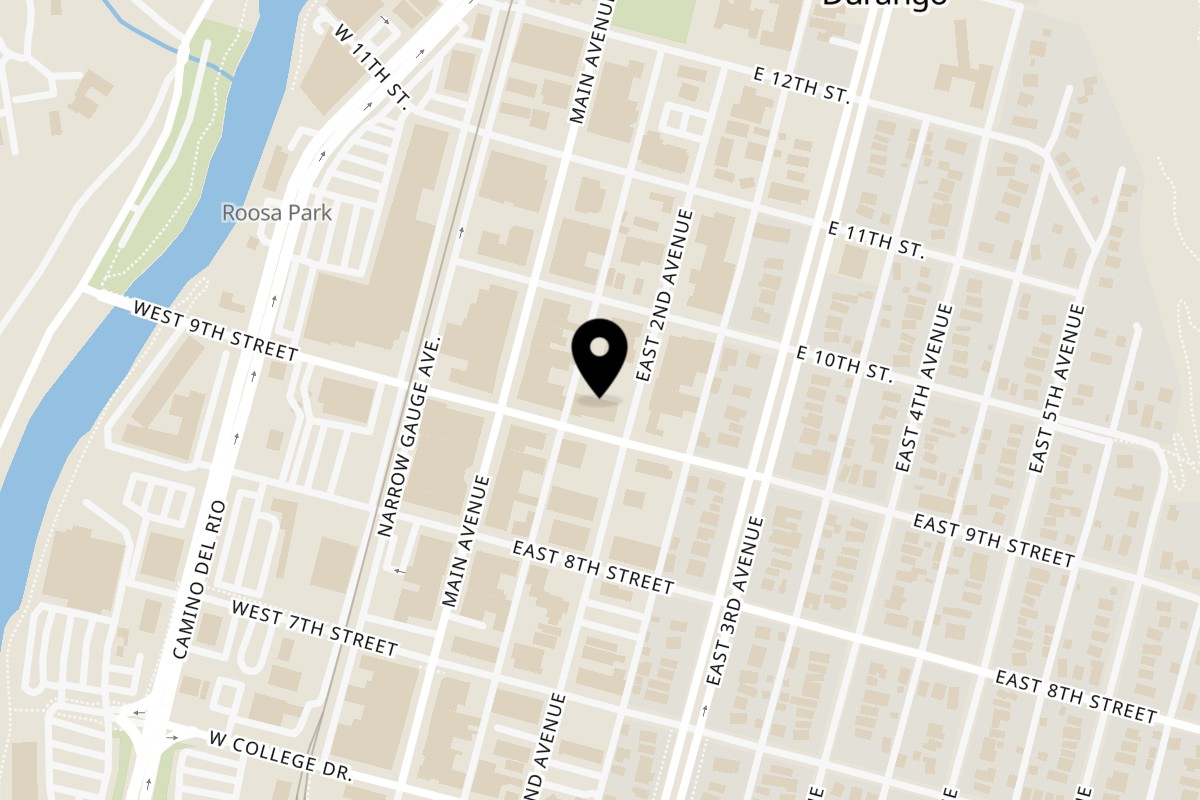 Map showing the location of Chef Safari's African Fusion on 901 E 2nd Ave in Durango